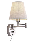 Bedside Wall Mount Light With Dimmable Switch And USB Port Swing Arm Fabric Shade Wall Sconce With Plug In Cord