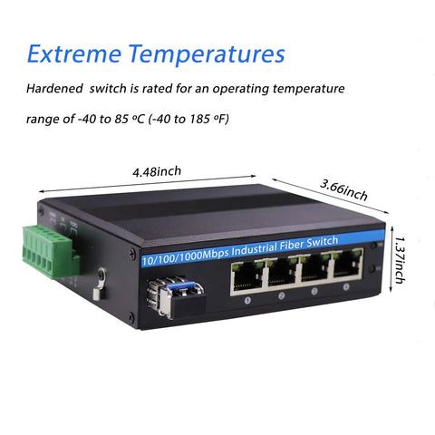 Rugged Outdoor 5 Port Gigabit Ethernet Fiber Converter For Industrial DIN Rail Switch With 4 RJ45 Ports And 1 LC Uplink Up To 20 Km