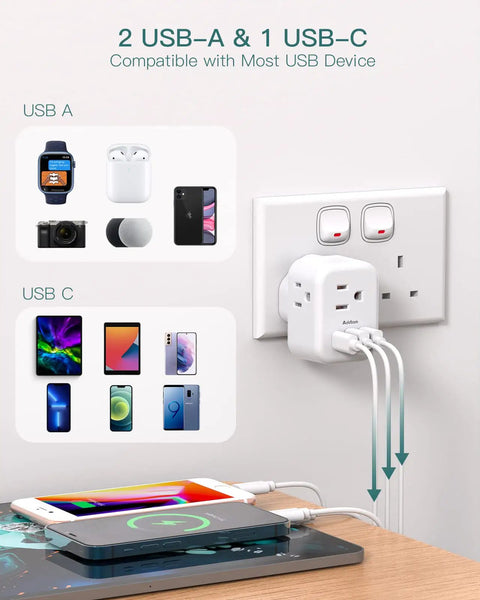 2 Pack US To UK Ireland Travel Plug Adapter Type G Power Outlet With 3 US Outlets And 3 USB Ports charging devices, plugged in wall
