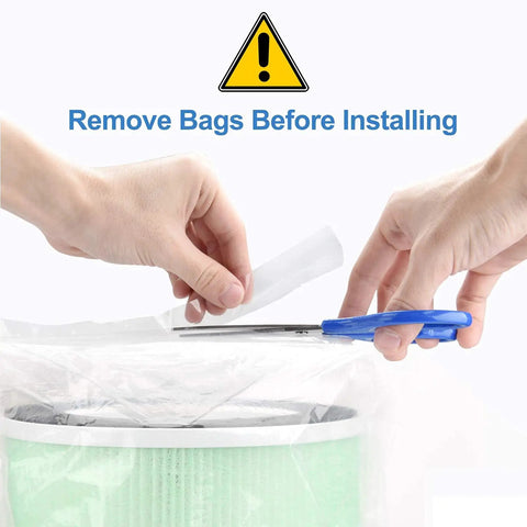 Hands removing packaging from True HEPA Replacement Filter For RP-AP089W And RP-AP089B Air Purifier before installation.