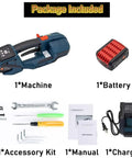 Heavy Duty Handheld Electric Strapping Machine With 4000Mah Battery Hot Melt Baler Tool showing included machine, battery, and accessories.