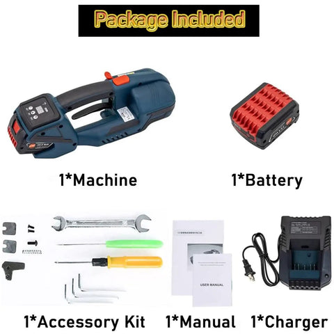 Heavy Duty Handheld Electric Strapping Machine With 4000Mah Battery Hot Melt Baler Tool showing included machine, battery, and accessories.