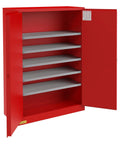 Heavy Duty 60 Gallon Red Flammable Storage Cabinet With Bulletproof 3 Point Lock And Deep Leak Proof Base To Safely House Hazardous Chemicals And Protect Workshops, open view with shelves.