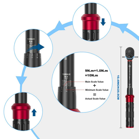 Diagram of Built To Last 1/4 Inch Torque Wrench Set, 50 Piece Kit, showing torque settings and measurements on tool handle.