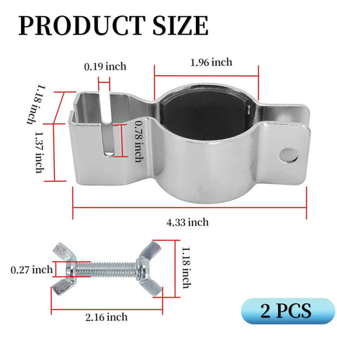 Diagram showing product size of Two Pack Adjustable Upright Clamps For Hanging Accessories Fits 1.5 Inch Or 2 Inch Diameter Poles, Heavy Duty
