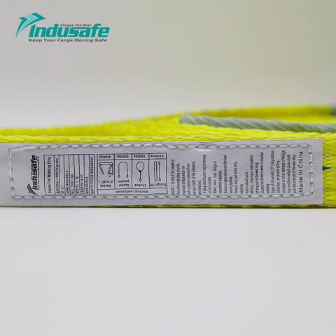 Close-up of label on Two Inch By Three Foot Poly Web Sling Lifting Strap With Six Thousand Two Hundred Pound Vertical Rating