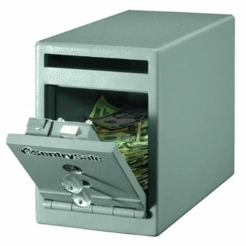 Compact Depository Safe With Dual Key Lock For Cash And Receipts, Steel Drop Slot Safe for Offices, Open View with Cash Inside
