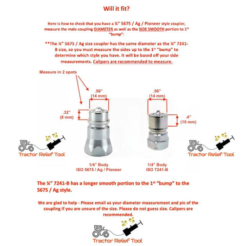 Diagram showing dimensions of Pro Grade Hydraulic Quick Coupling Pressure Decompression Relief Tool with male and female couplings.