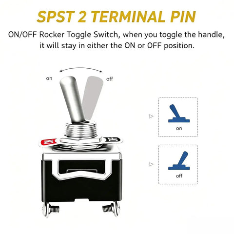 Universal Rocker Toggle Switch With Waterproof Cap 2 Pin SPST On Off Switch Rugged Metal Lever 10A 12V DC And 6A 24V DC For Cars Trucks Boats Pack Of Four Great For Marine Auto Boat Use. SPST 2-terminal metal lever switch on/off diagram, front view
