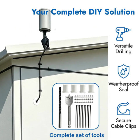Rock The Perfect Starlink Wall Setup With This Super Sleek Routing Kit For Gen2 And Gen3 Dishes Plus Mini Ethernet Models, Includes 34 Inch Drill Bit White Steel Seal Clips Ties To Keep Cables Neat And Mess-Free Easy Install. wall routing kit on house exterior with drill bit, seal, and cable clips