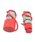 Pair of 3/4-inch SAE flat-face hydraulic quick-connect couplers with red caps; carbon-steel bodies, 1/2-inch ports