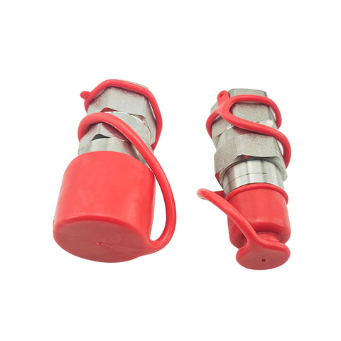 Pair of 3/4-inch SAE flat-face hydraulic quick-connect couplers with red caps; carbon-steel bodies, 1/2-inch ports