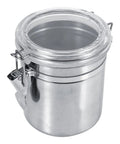 Heavy Duty Airtight Stainless Steel Coffee Canister Keeps Your Daily Grind Fresh And Locked Tight For Kitchen Storage Holds Sugar Tea And Coffee Beans In Medium Sized Jars with clear lid.