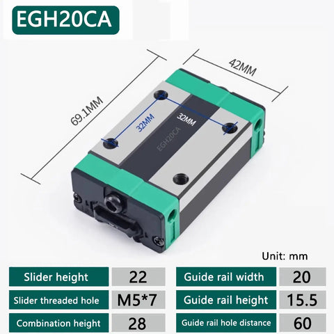 Heavy Duty EGH15CA Linear Rail Carriage Block Compatible With EGR15 Guide Rail, showing dimensions for precise CNC use.