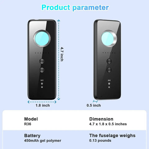 Hidden Camera Detector For Hotels And Travel, 6 Level Sensitivity Wireless RF Sweep dimensions and specifications shown