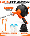 Wipe Blockages Off The Map With This Badass 33 Foot Heavy Duty Drain Snake Auger tool with gloves and clog remover sticks.