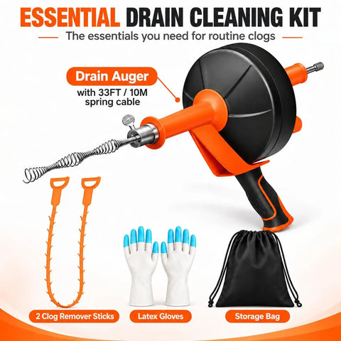 Wipe Blockages Off The Map With This Badass 33 Foot Heavy Duty Drain Snake Auger tool with gloves and clog remover sticks.