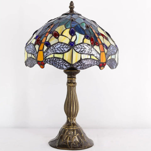 Sea Blue And Yellow Stained Glass Dragonfly Tiffany Table Lamp Dope Nautical Reading Desk Bedside Light 12 Inch Shade 18 Inch Tall