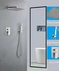 10 Inch Brushed Nickel Rain Shower System With Handheld Spray Square Shower Head Combo Set Wall Mounted in bathroom