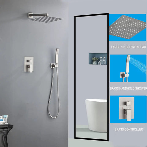 10 Inch Brushed Nickel Rain Shower System With Handheld Spray Square Shower Head Combo Set Wall Mounted in bathroom