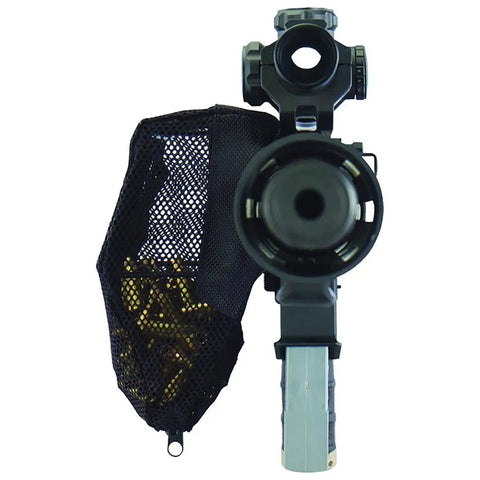 Hard Hitting Brass Catcher With Picatinny Mount And Heat Resistant Mesh For Rifles, Holds 100 Pieces Of.223 Brass attached to rifle