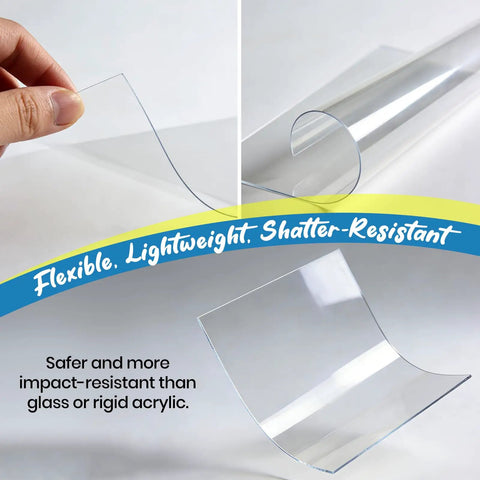 Top Shelf Clarity PET Plastic Sheets 3 Pack 24 By 36 Inches 0.04 Thick showing flexible shatterproof sheets in hand.