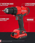 Red V20 Cordless Drill And Driver Kit with One Half Inch Chuck, LED light, two-speed gearbox, battery included, 320 watts.