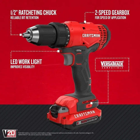 Red V20 Cordless Drill And Driver Kit with One Half Inch Chuck, LED light, two-speed gearbox, battery included, 320 watts.