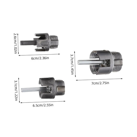 Luxshiny 3 Piece Pvc Pipe Threader Tool Set with 1/2 3/4 and 1 Inch Internal External Threading Dies close-up showing sizes and details.