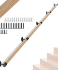 Heavy Duty 12 Foot Round Wooden Stair Handrail Wall Mount With Ironclad Grip and installation hardware on white background.