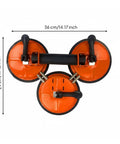 Top view of Heavy Duty Suction Glass Lifter For Big Panels With Reinforced Support, orange with three suction cups, measures 36x29 cm.