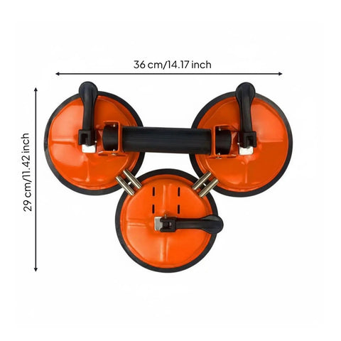 Top view of Heavy Duty Suction Glass Lifter For Big Panels With Reinforced Support, orange with three suction cups, measures 36x29 cm.