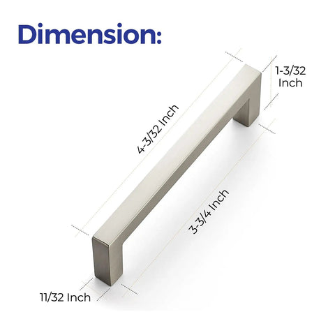 Dimensions of 30 Pack Slim 3 3/4 Inch Center To Center Solid Square Bar Cabinet Handles In Brushed Nickel
