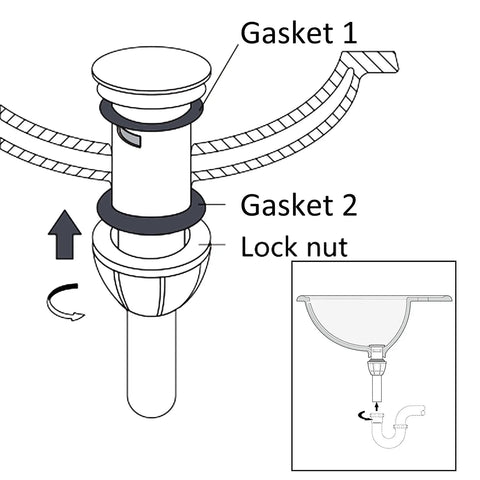 Diagram showing installation components of Solid Build Universal Pop Up Sink Drain Stopper With Overflow Chrome Finish Anti Clog Design.