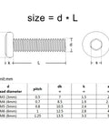 Diagram of Socket Cap Screws M3 M4 M5 M6 M8 Black Carbon Steel 50mm Length showing dimensions and thread details.