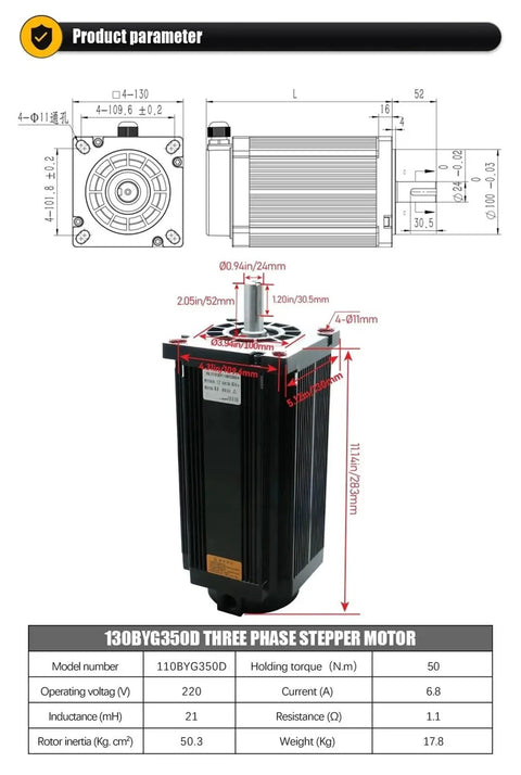 Boss Three Phase Stepper Motor Kit With 130BYGH350D 1.2 Degree 6.9A 50Nm Torque NEMA52 19mm Shaft Packed With 3M228010A Drive Ideal For CNC Engravers Milling DIY Robots 3D Printer Upgrades, technical dimensions
