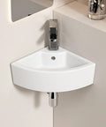 Triangle Corner Sink for Bathroom, Wall Mounted Ceramic Vessel Sink, White Gloss Finish Space-Saving Design for Small Bathrooms, Powder Rooms, Laundry mounted in corner with sleek faucet.