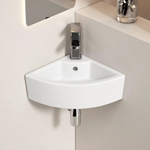 Triangle Corner Sink for Bathroom, Wall Mounted Ceramic Vessel Sink, White Gloss Finish Space-Saving Design for Small Bathrooms, Powder Rooms, Laundry mounted in corner with sleek faucet.