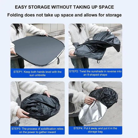 Step-by-step instructions for Foldable Windshield Sun Shade For Tesla Cybertruck 2024 Plus showing easy storage method.