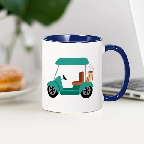 Top Shelf 11 Oz Ceramic Coffee Mug Featuring Fresh Golf Cart Artwork And Legit Durable Glazed Finish Crafted For Weekend Golfer Vibes And Smooth Sippin Through Any Round, side view with navy handle.