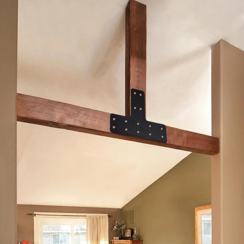 Badass T Shaped Mending Plate Bracket Kit With 56 Screws And Socket For Reinforcing Wood Fence Posts Pergola Beams And Structural Framing Black Four Piece Set mounted on wooden beams.