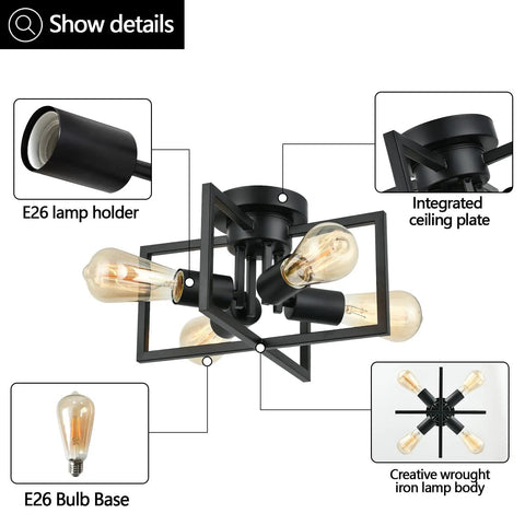 4 Light Matte Black Sputnik Style Semi Flush Mount Ceiling Light with E26 Base, industrial design for modern farmhouse decor.