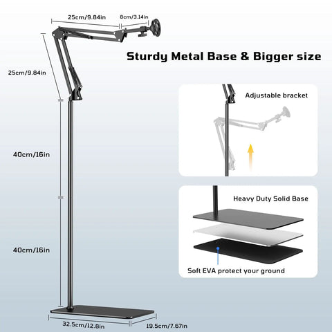 Diagram of Floor Magnetic Phone Holder For Bedside Use, Adjustable Bed Mount For iPhone MagSafe, showing dimensions and features