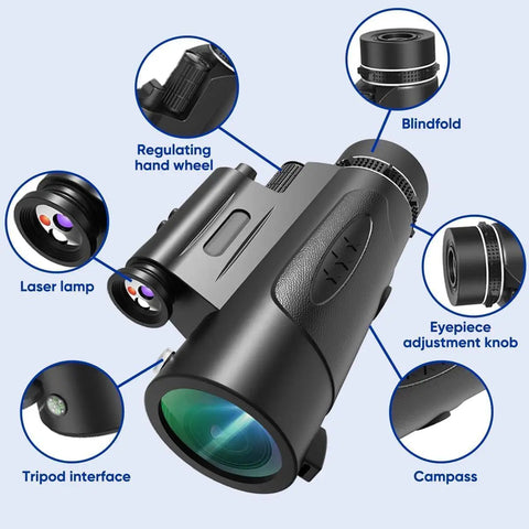 Beast Mode 80x100 Monocular Telescope With Lights For Adults, High Power Handheld Scope With Smartphone Holder And Tripod, Perfect For Bird Watching And Stargazing, Ultra Clear View, black monocular with laser lamp, tripod interface and eyepiece adjustment