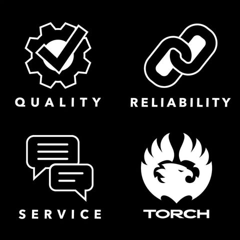 Symbols of quality, reliability, service, and torch logo on black background