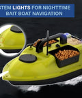 GPS Guided RC Bait Boat With Auto Return showing highlighted stem lights for nighttime navigation on water
