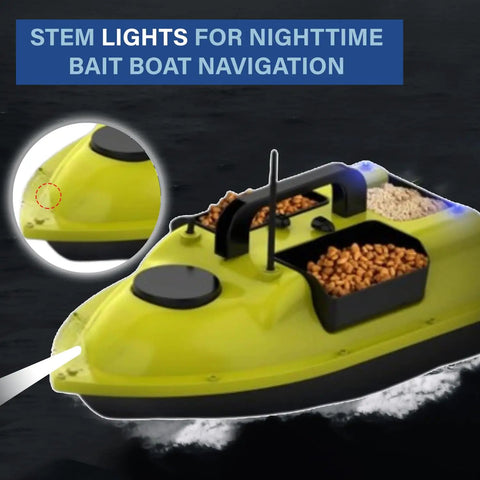GPS Guided RC Bait Boat With Auto Return showing highlighted stem lights for nighttime navigation on water