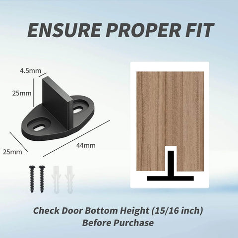4 Pack Black Floor Guides For Sliding Barn Door Hardware T Shape Floor Mounted detail with dimensions and screws displayed