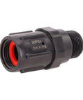 Drip Irrigation Pressure Regulator 30 PSI Three Quarter Inch Garden Hose Water Pressure Reducer Valve, black plastic, close-up view