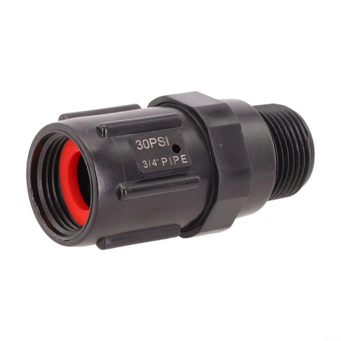 Drip Irrigation Pressure Regulator 30 PSI Three Quarter Inch Garden Hose Water Pressure Reducer Valve, black plastic, close-up view